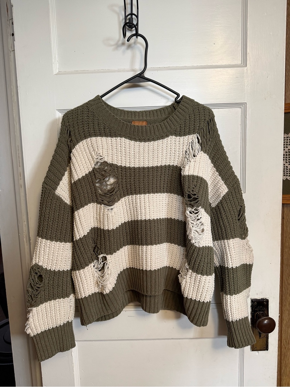 Striped Olive and Cream/White Distressed Knit Sweater Size Small
